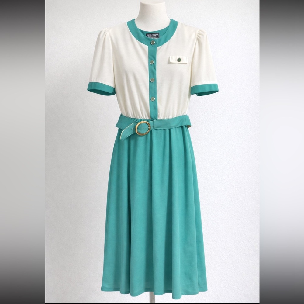 1970’s-1980’s Elegant Teal and White Dress